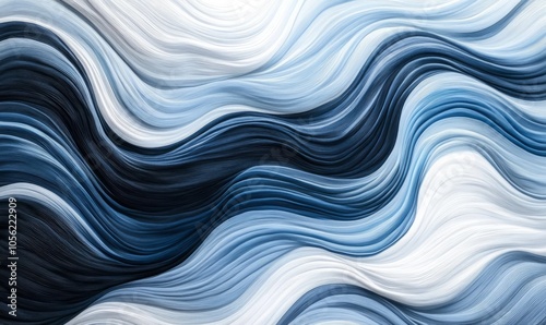 Wavy patterns in shades of blue, white, and black create a dynamic visual texture resembling flowing water or abstract art