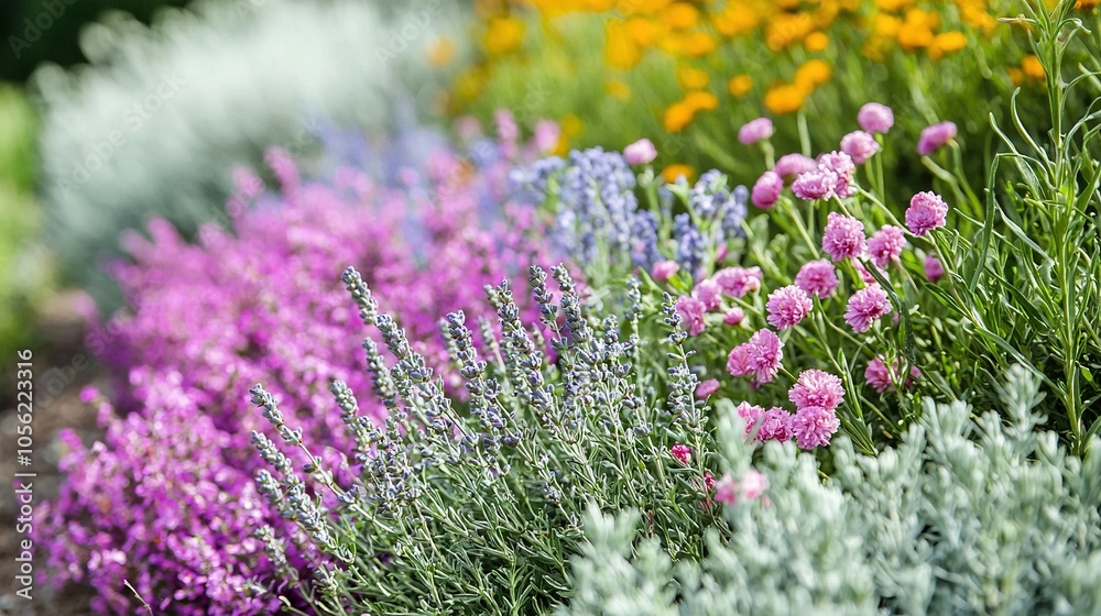 A garden bursting with diverse wildflowers, vibrant purples & yellows harmoniously coexisting A garden bursting with diverse wildflowers, vibrant purples & yellows harmoniously coexisting