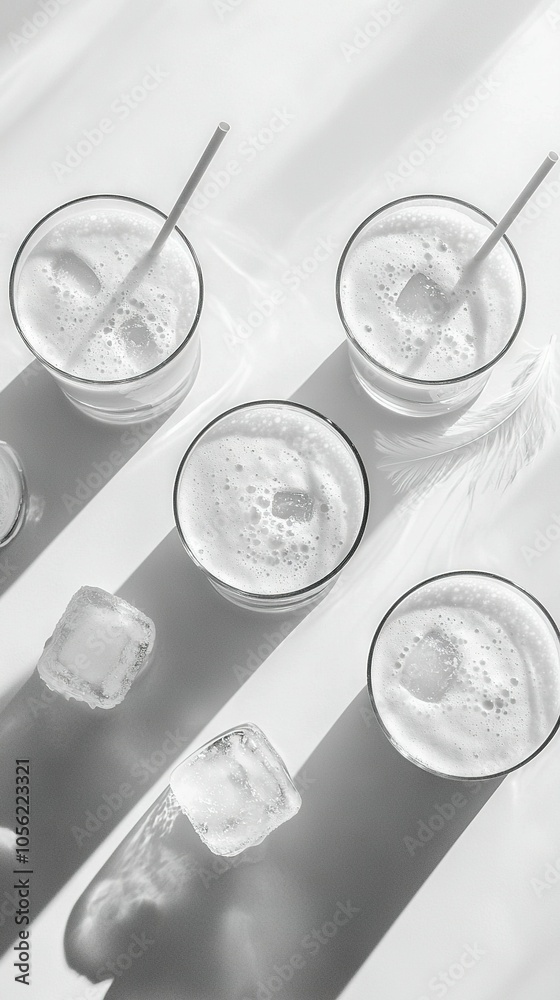A black and white photo of three glasses of ice, three straws, and a feather on a table A black and white photo of three glasses of ice, three straws, and a feather on a table