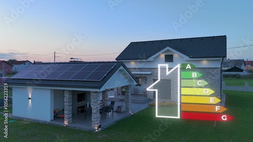 Foto 3D Graphic of Energy efficiency classes in front of modern house at dusk