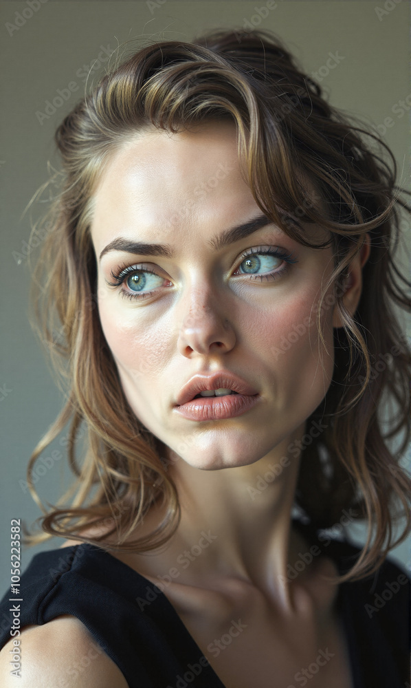 Portrait of a woman with wavy hair and striking blue eyes, captured in soft natural light against a neutral background
