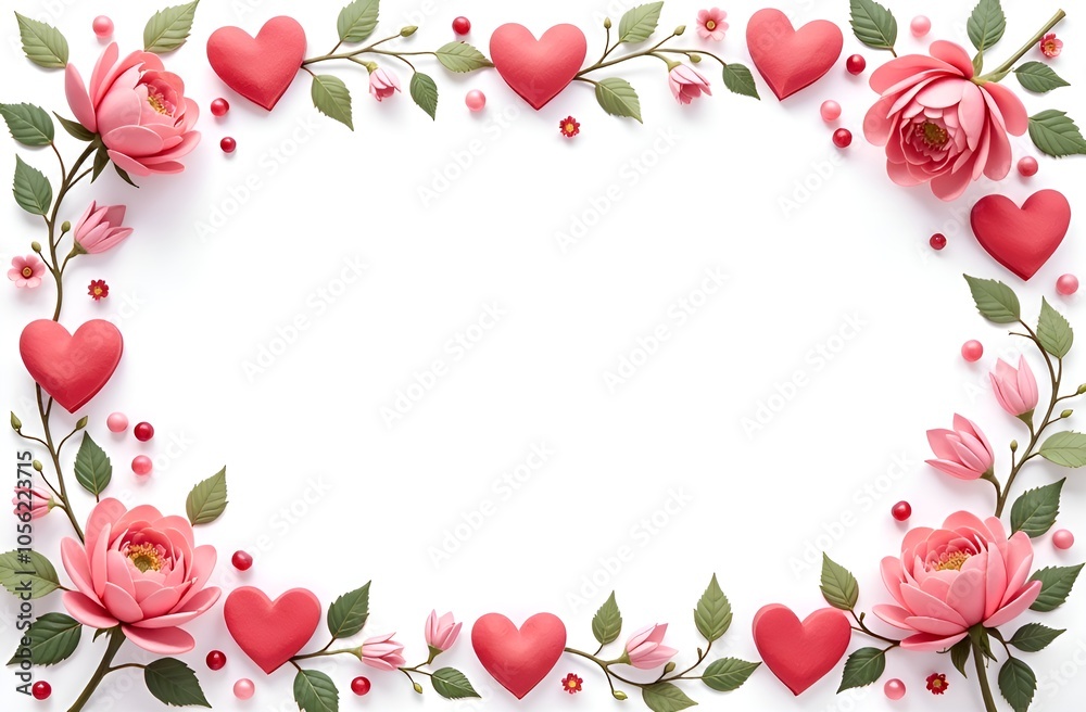 Floral frame with red hearts on white background. Valentines day. Copy space. Floral frame with red hearts on white background. Valentines day. Copy space.
