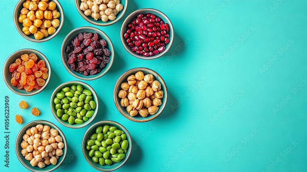 Bowls of diverse bean varieties arranged on a blue cloth table Bowls of diverse bean varieties arranged on a blue cloth table