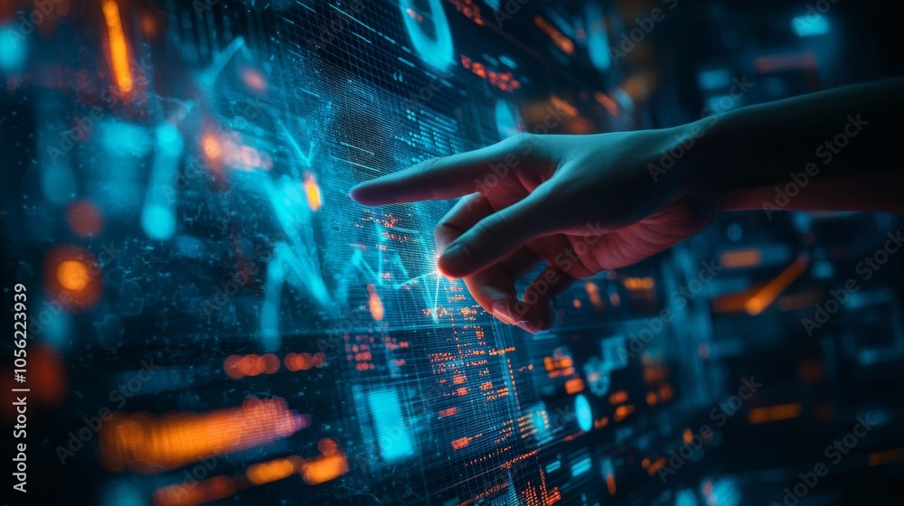 Hand interacting with digital screen in futuristic interface Hand interacting with digital screen in futuristic interface