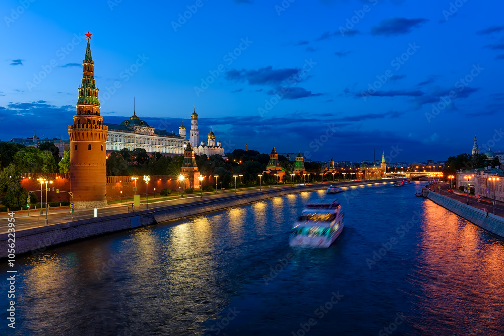 Moscow Kremlin, Kremlin Embankment and Moscow River at night in Moscow, Russia. Architecture and landmark of Moscow Moscow Kremlin, Kremlin Embankment and Moscow River at night in Moscow, Russia. Architecture and landmark of Moscow