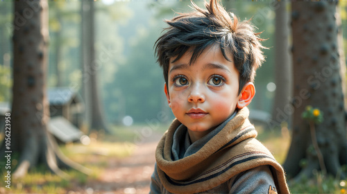 A young boy gazes curiously while resting in a sunlit forest during a serene autumn afternoon, showcasing nature\'s beauty photo