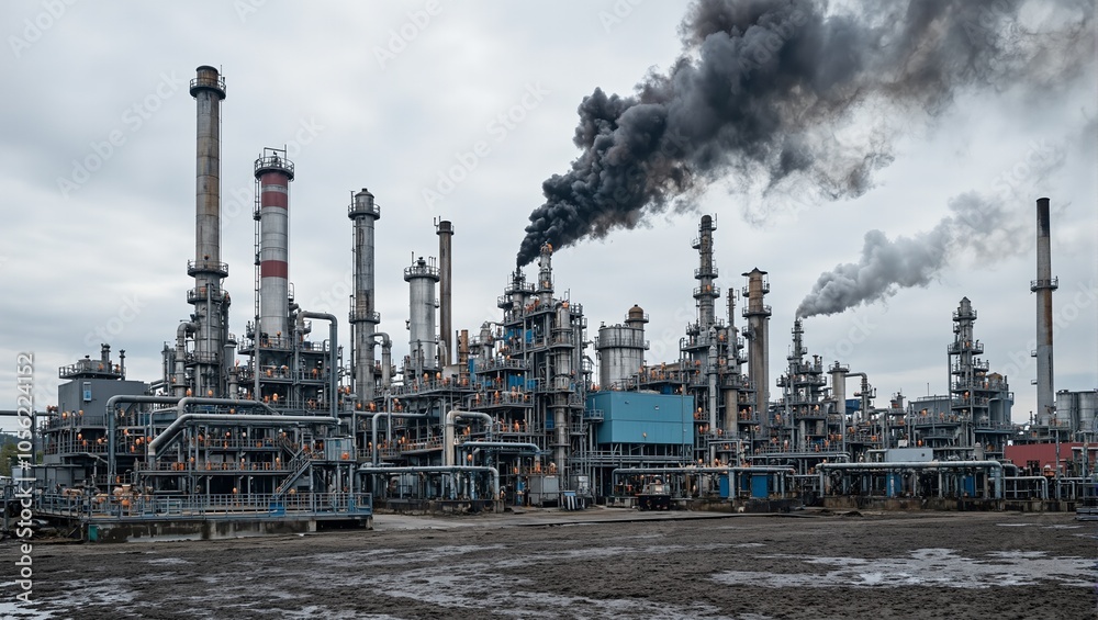 Industrial petrochemical plant emitting black smoke surrounded by oil stains and pipes Industrial petrochemical plant emitting black smoke surrounded by oil stains and pipes