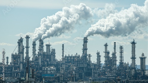 Industrial oil refinery emitting clouds of smoke against polluted sky