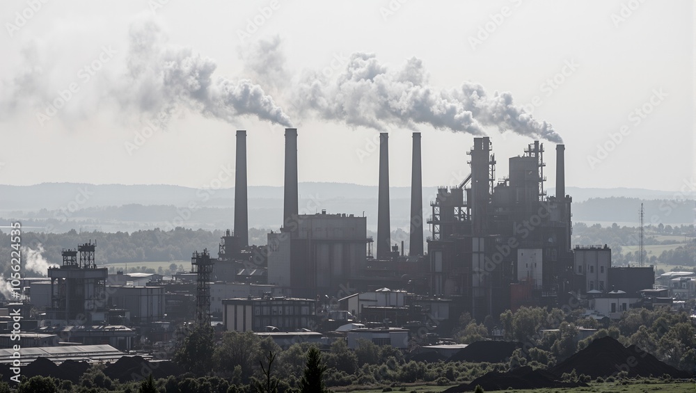 Industrial steel plant with smoking chimneys coal piles and haze Industrial steel plant with smoking chimneys coal piles and haze