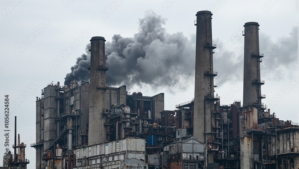 Polluting industrial factory with towering smoke stacks and rusted structures against cloudy sky Polluting industrial factory with towering smoke stacks and rusted structures against cloudy sky