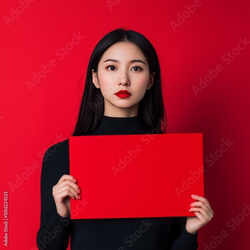 Asian woman holds red sign for advertising, displays banner, wears stylish outfit, poses against background.