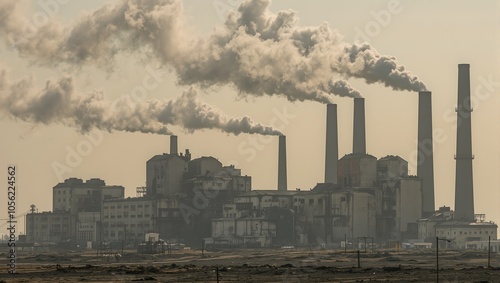 Industrial coal plant emitting smoke and pollution with barren ash covered ground