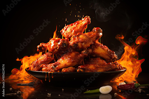 Hot chicken wings on flames