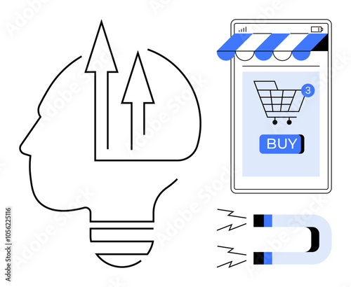 Head profile with upward arrows, smartphone displaying a buy button and shopping cart, and a magnet. Ideal for digital marketing, e-commerce, customer attraction, online shopping, business growth