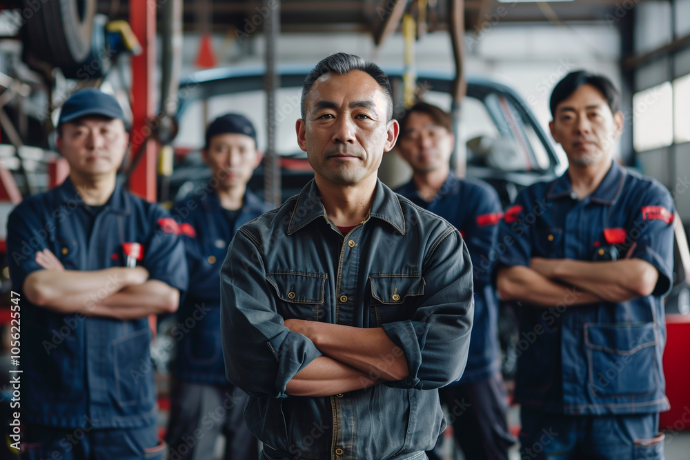Photograph of a team of mechanics in an auto repair shop with a professional working environment. Photograph of a team of mechanics in an auto repair shop with a professional working environment.