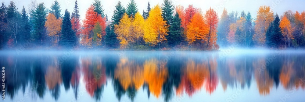 Fototapeta premium A tranquil autumn lake with colorful trees reflecting in still water at sunrise
