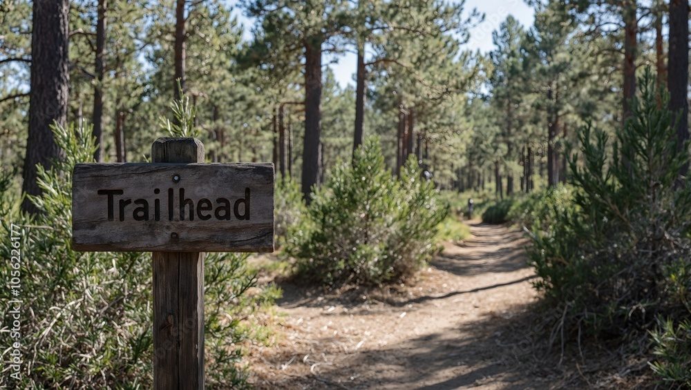 Trailhead sign on post at forest path entrance sunlight filtering through tall pine trees Trailhead sign on post at forest path entrance sunlight filtering through tall pine trees