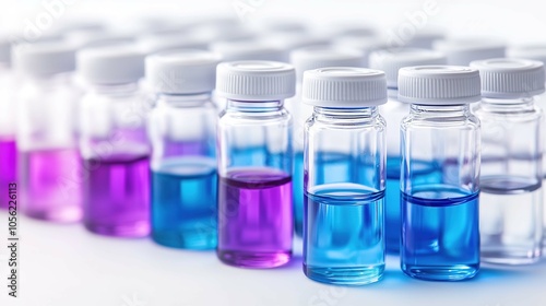 A row of glass vials filled with vibrant blue and purple liquids, set against a white background, suggesting scientific research.