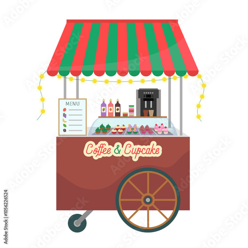 Street food coffee market stall decorated with Christmas garland. Takeaway sweet snacks cupcakes. Winter holiday fair kiosk. Vector illustration of booth stand with red green stripe tent roof.