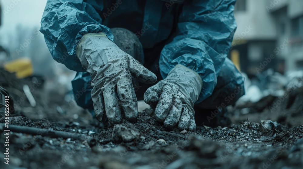 A worker wearing gloves and a protective suit investigates polluted soil in a city A worker wearing gloves and a protective suit investigates polluted soil in a city