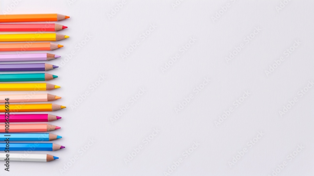 Pastel Colored Pencils Arranged Vertically on White Background with Generous Copy Space, Perfect for Minimalistic, Creative, and School Supplies Photography
Pastel Colored Pencils Arranged Vertically on White Background with Generous Copy Space, Perfect for Minimalistic, Creative, and School Supplies Photography