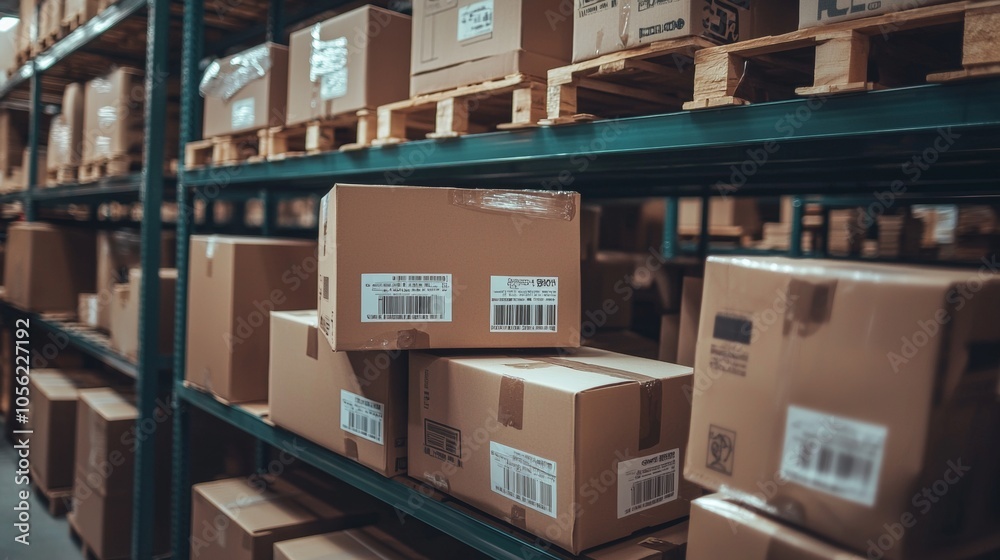 Warehouse filled with stacked cardboard boxes on shelves Warehouse filled with stacked cardboard boxes on shelves