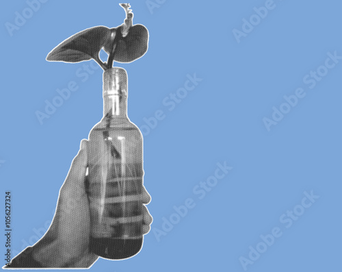 close up of hand holding bottle with plants pixelate grayscale color halftone dotted texture style collage element isolated on blue background