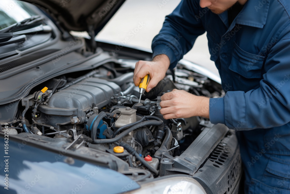 A mechanic carefully services a truck's engine in daylight near a garage A mechanic carefully services a truck's engine in daylight near a garage