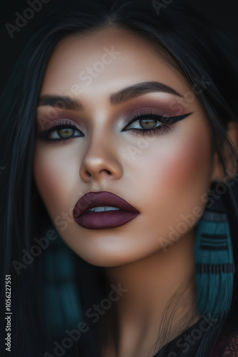 Indigenous American woman with braided hair and bold makeup, showcasing dramatic winged eyeliner and dark lipstick, perfect for beauty blogs and makeup tutorials