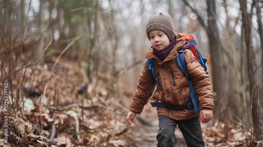 Curious boy hiking in woods Curious boy hiking in woods