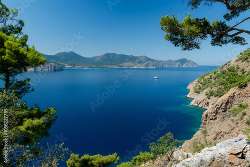 Panoramic view of blue sea and clear sky. high quality