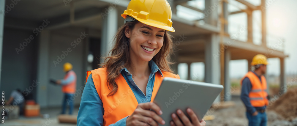Smiling female engineer wearing a yellow hard hat and orange safety vest, using a tablet on a construction site, symbolizes modern and efficient project management in engineering.
Smiling female engineer wearing a yellow hard hat and orange safety vest, using a tablet on a construction site, symbolizes modern and efficient project management in engineering.