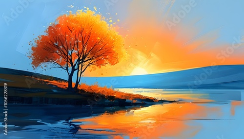 Autumn Tree Sunset Lake Reflection Abstract Painting