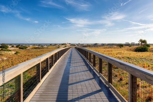 Boardwalk trail in New Smyrna Dunes Park in sunny day in New Smyrna Beach, Florida