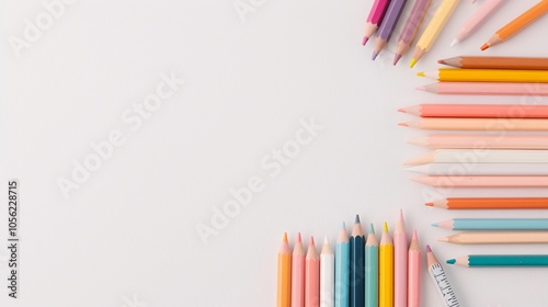 Pastel-colored pencils arranged on white background with ample copy space, ideal for art projects, educational themes, creative layouts, and pastel-themed designs.
