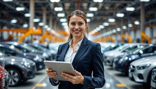 Confident businesswoman holding a tablet in a modern automobile factory. Surrounded by cars, she represents leadership and innovation in the automotive industry.

