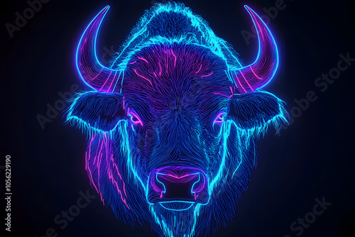 A digital drawing of a buffalo made of glowing blue and purple lines on a black background.