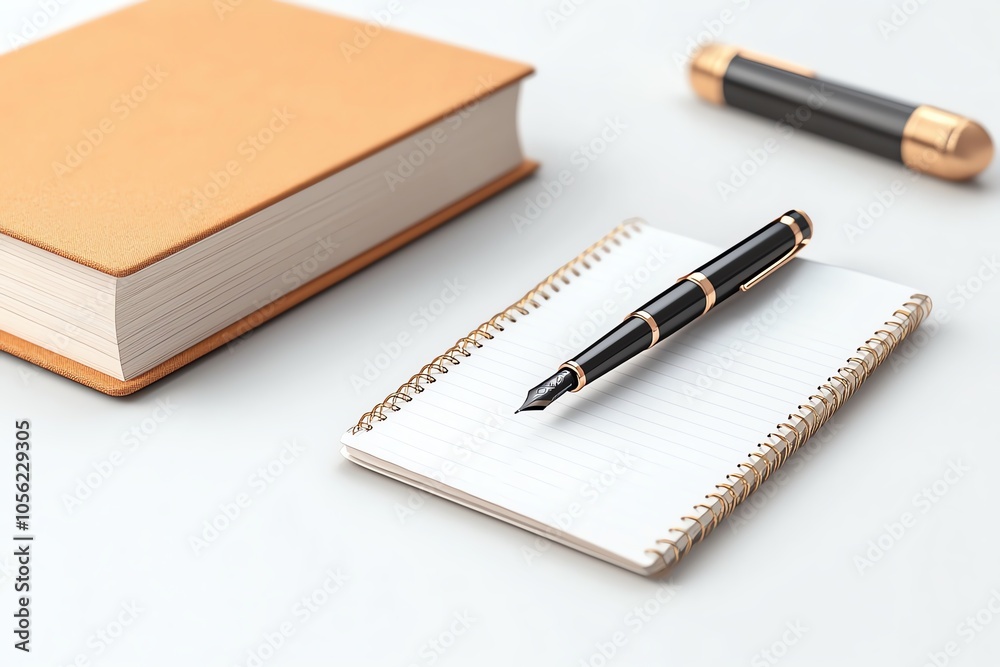 Stylish workspace featuring a notebook, pen, and elegant book, perfect for writing and creative inspiration.