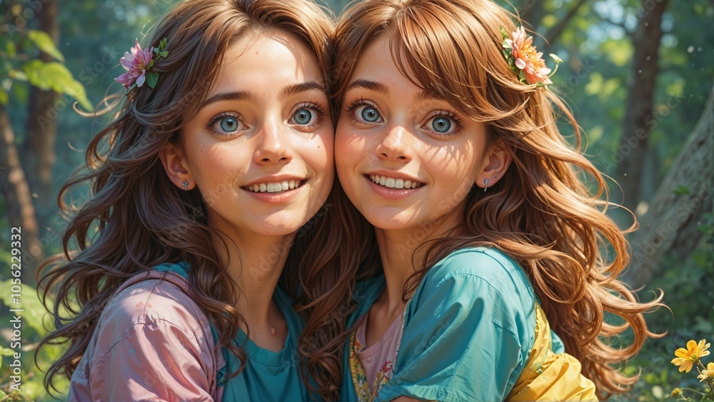 Two cheerful young women with long hair smiling in a sunlit forest background