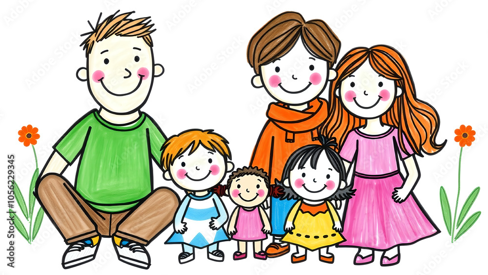 Colorful family drawing with smiling characters sitting together on a white background
Colorful family drawing with smiling characters sitting together on a white background
