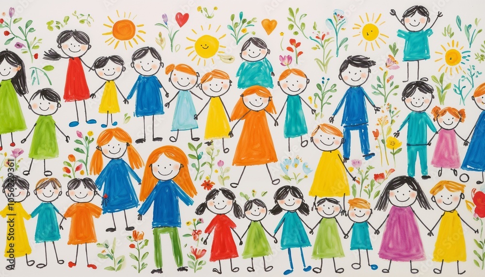 Colorful children's drawing of happy people standing together in a flower-filled landscape
Colorful children's drawing of happy people standing together in a flower-filled landscape