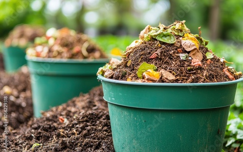 Eco promos capture compost bins overflowing with organic waste in a garden, vibrant colors, earthy textures, educational setting. photo