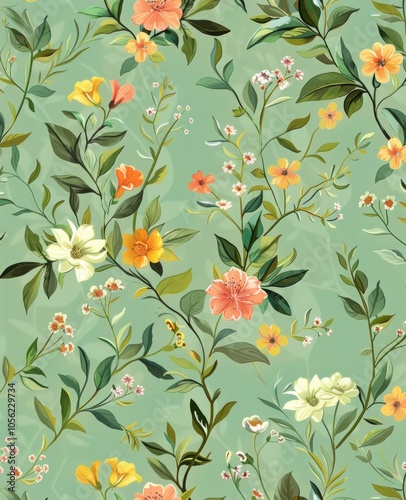 Botanical Paradise with Lush Garden Pattern featuring Vibrant Flowers and Greenery, ideal for wallpapers and fabrics