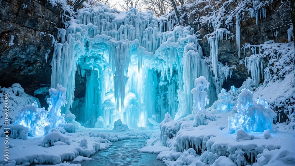 Frozen waterfall with icicles shimmering blue ice and glowing blue flowers along icy cliff Frozen waterfall with icicles shimmering blue ice and glowing blue flowers along icy cliff