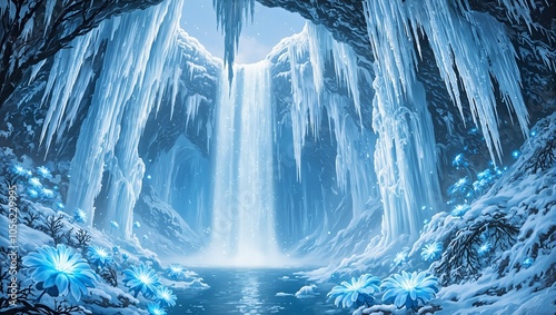 Frozen waterfall with icicles shimmering blue ice and glowing blue flowers along icy cliff