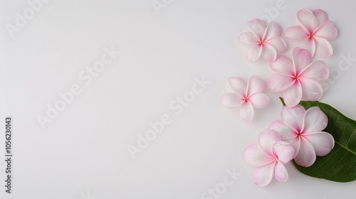 Soft Pink Frangipani Flowers with Green Leaf on White Background, Minimalist Floral Arrangement with Copy Space for Spa, Beauty, and Nature-Inspired Designs