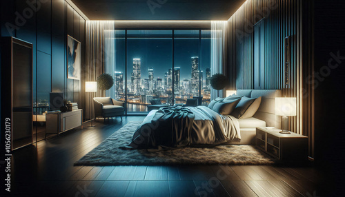 Well lit luxurious penthouse bedroom at night. The city skyline is visible through the window, casting a light on the room