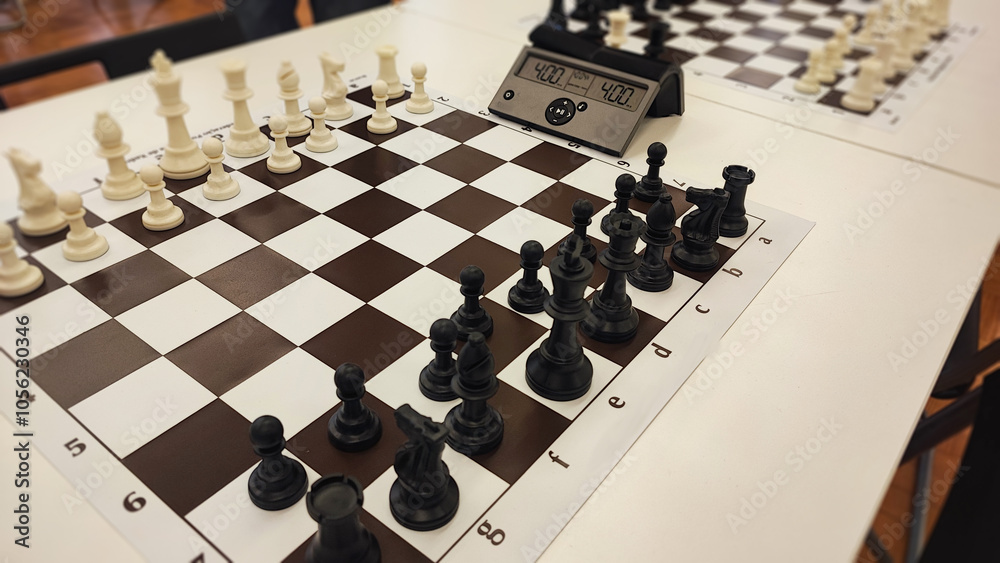 An empty hall with tables on which chess boards and timers are prepared. Concept of competition sport chess, leadership skills, self-development. An empty hall with tables on which chess boards and timers are prepared. Concept of competition sport chess, leadership skills, self-development.
