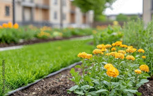 Urban garden featuring community members engaged in eco-friendly projects, bright hues, cheerful atmosphere, and abundant natural light.