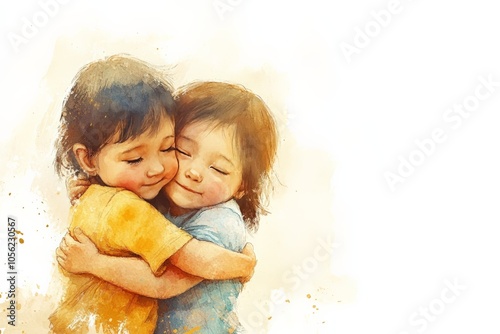 Watercolor painting depicts two young children embracing each other, their eyes closed and faces pressed together in a tender moment of affection